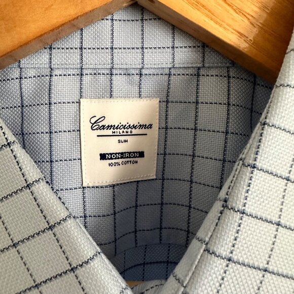 CAMICISSIMA Milano Mens Dress Shirt Short Sleeves Slim Cotton Blue Check Size 42 - Picture 3 of 11